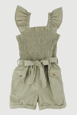 Little Girls Smocked Cargo Pocket Romper, Green, Size 4