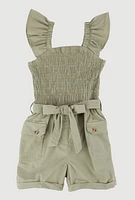 Little Girls Smocked Cargo Pocket Romper, Green, Size 4