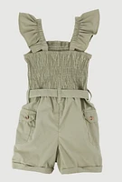 Little Girls Smocked Cargo Pocket Romper, Green, Size 4