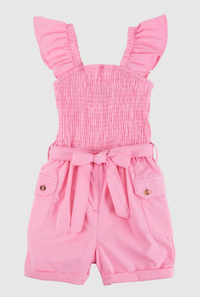 Little Girls Smocked Cargo Pocket Romper, Pink, Size 4