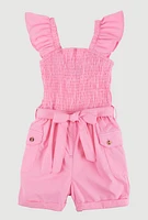 Little Girls Smocked Cargo Pocket Romper, Pink, Size 4