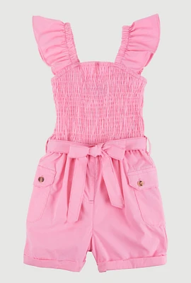Little Girls Smocked Cargo Pocket Romper, Pink, Size 6X