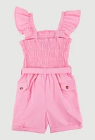 Little Girls Smocked Cargo Pocket Romper, Pink, Size 6X