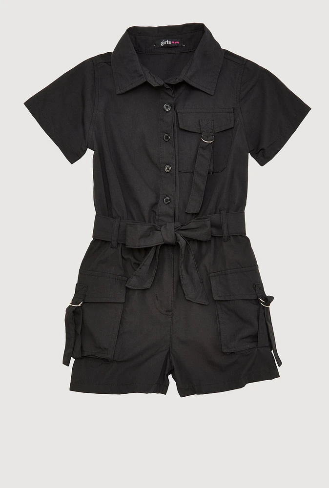 Little Girls Tie Waist Belted Utility Romper, Black, Size 4