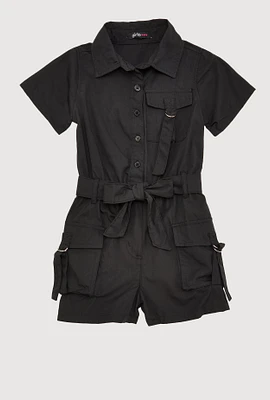 Little Girls Tie Waist Belted Utility Romper, Black, Size 4