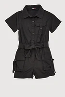 Little Girls Tie Waist Belted Utility Romper, Black, Size 4