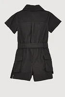 Little Girls Tie Waist Belted Utility Romper, Black, Size 4