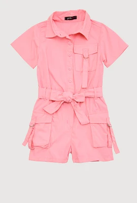 Little Girls Tie Waist Belted Utility Romper, Pink, Size 4