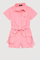 Little Girls Tie Waist Belted Utility Romper, Pink, Size 4
