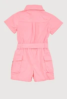 Little Girls Tie Waist Belted Utility Romper, Pink, Size 4