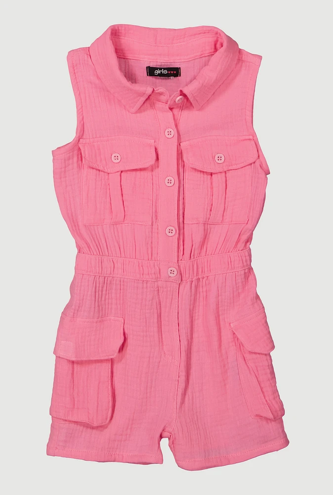 Little Girls Gauze Knit Utility Romper, Pink, Size 6X