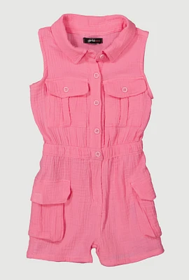 Little Girls Gauze Knit Utility Romper, Pink, Size 6X