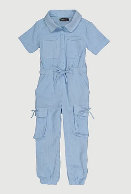 Little Girls Gauze Knit Cargo Pocket Jumpsuit, Blue, Size 5-6