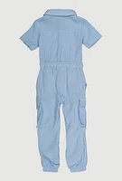 Little Girls Gauze Knit Cargo Pocket Jumpsuit, Blue, Size 5-6