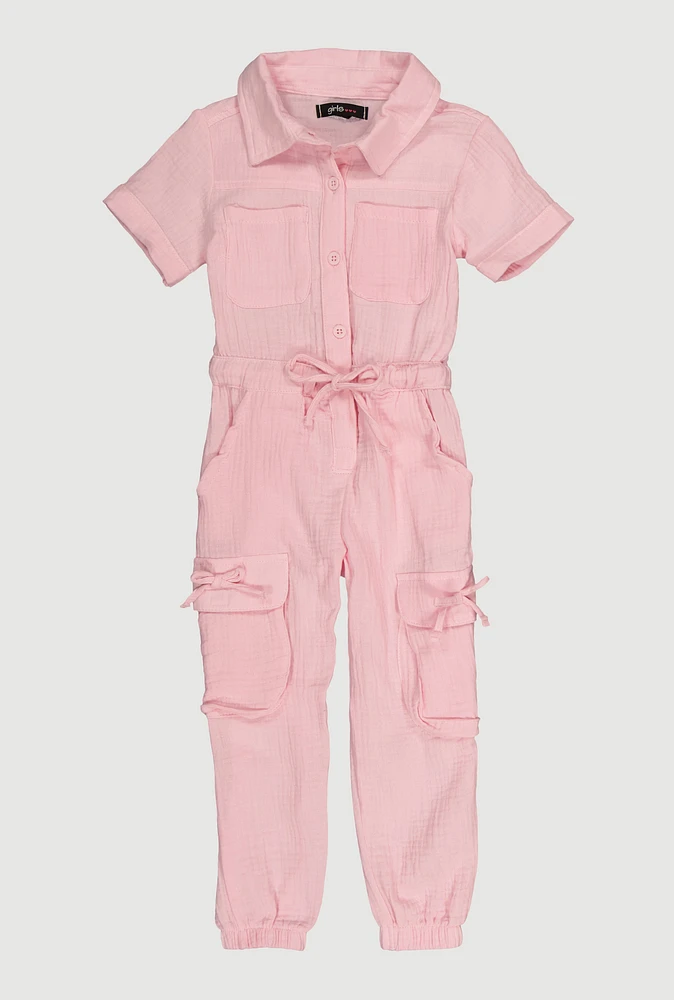 Little Girls Gauze Knit Cargo Pocket Jumpsuit, Pink, Size 6X