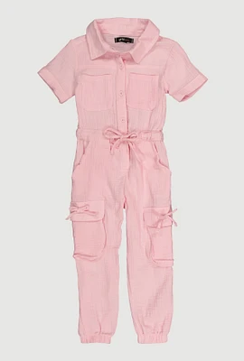 Little Girls Gauze Knit Cargo Pocket Jumpsuit, Pink, Size 6X
