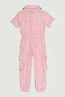 Little Girls Gauze Knit Cargo Pocket Jumpsuit, Pink, Size 6X