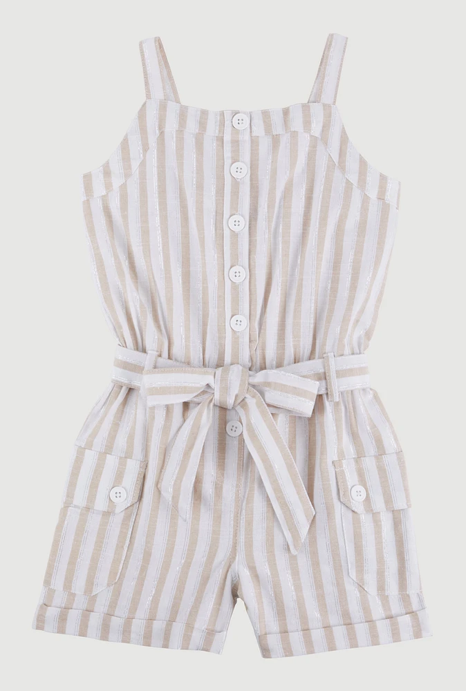 Little Girls Lurex Striped Cargo Pocket Romper,