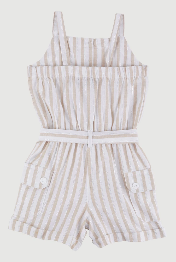 Little Girls Lurex Striped Cargo Pocket Romper, Beige,