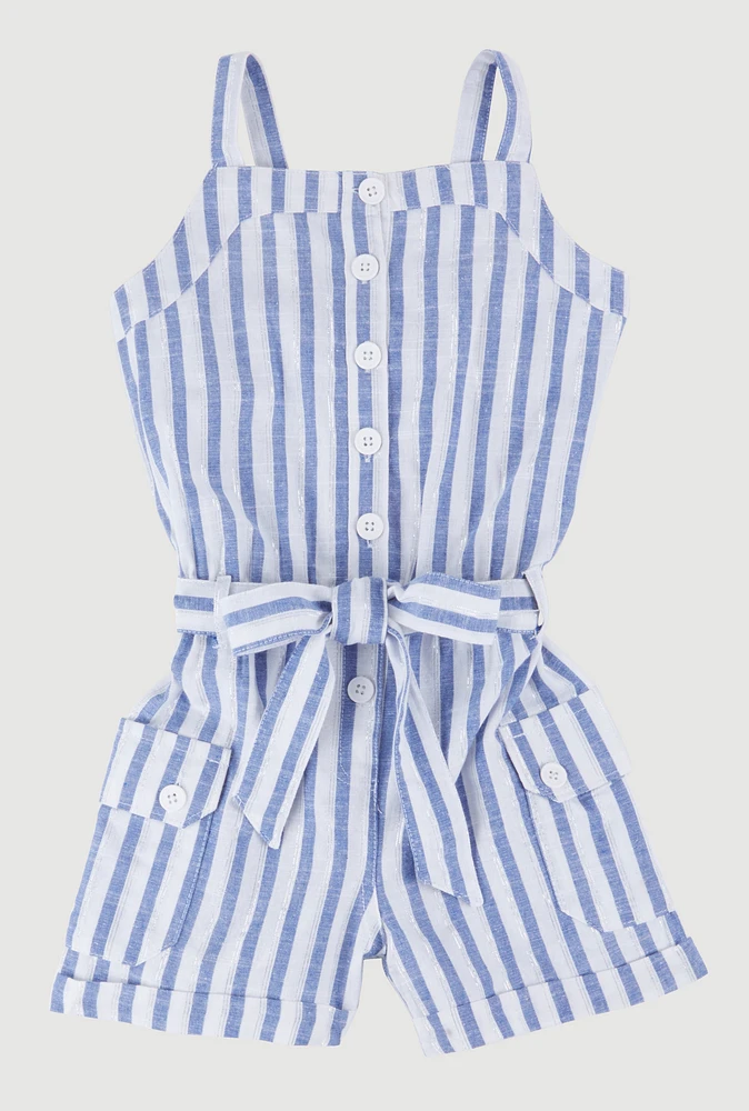 Little Girls Lurex Striped Cargo Pocket Romper, Blue,