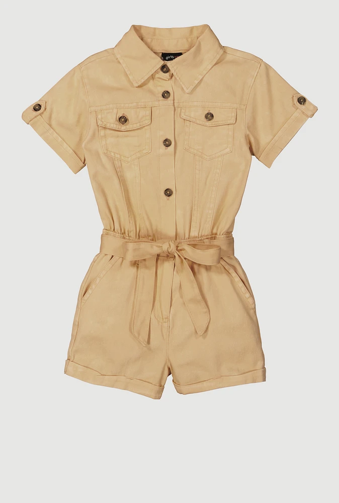 Little Girls Button Front Tie Waist Romper, Beige, Size 6X