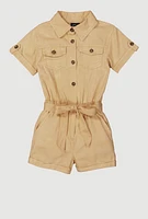 Little Girls Button Front Tie Waist Romper, Beige, Size 6X