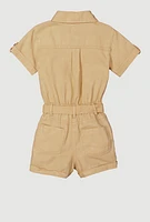 Little Girls Button Front Tie Waist Romper, Beige, Size 6X