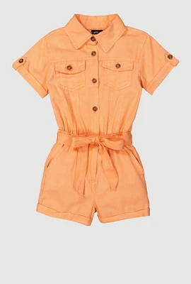 Little Girls Button Front Tie Waist Romper, Orange, Size 5-6
