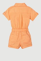 Little Girls Button Front Tie Waist Romper, Orange, Size 5-6
