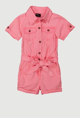 Little Girls Button Front Tie Waist Romper, Pink, Size 4