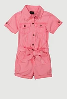 Little Girls Button Front Tie Waist Romper, Pink, Size 4