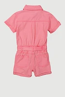 Little Girls Button Front Tie Waist Romper, Pink, Size 4