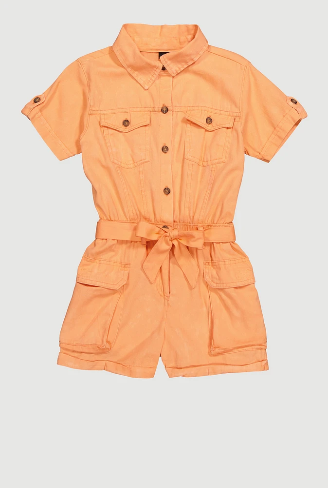 Little Girls Twill Tie Waist Belted Utility Romper,