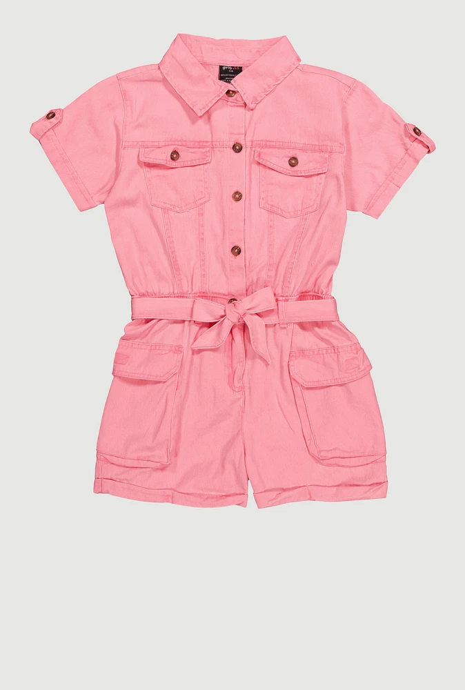 Little Girls Twill Tie Waist Belted Utility Romper, Pink, Size 6X