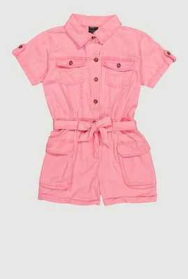 Little Girls Twill Tie Waist Belted Utility Romper, Pink, Size 6X