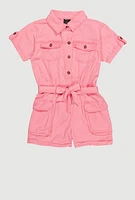 Little Girls Twill Tie Waist Belted Utility Romper, Pink, Size 6X