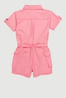 Little Girls Twill Tie Waist Belted Utility Romper, Pink, Size 6X