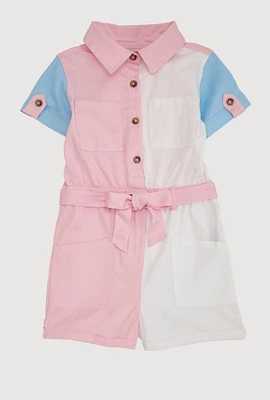 Little Girls Color Block Tie Waist Belted Romper, Multi, Size 4
