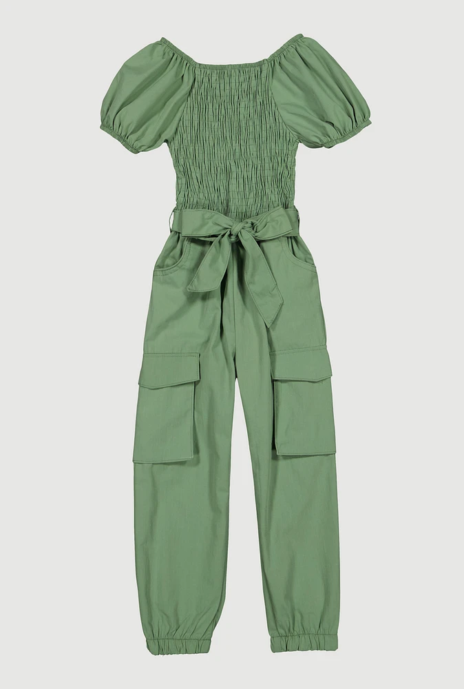Little Girls Puff Sleeve Smocked Cargo Jumpsuit, Green, Size 4