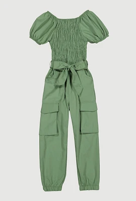 Little Girls Puff Sleeve Smocked Cargo Jumpsuit, Green, Size 4