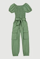 Little Girls Puff Sleeve Smocked Cargo Jumpsuit, Green, Size 4
