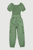 Little Girls Puff Sleeve Smocked Cargo Jumpsuit, Green, Size 4