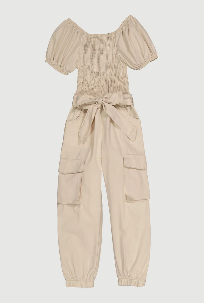 Little Girls Puff Sleeve Smocked Cargo Jumpsuit, Beige, Size 4