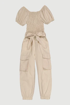 Little Girls Puff Sleeve Smocked Cargo Jumpsuit, Beige, Size 4