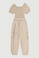 Little Girls Puff Sleeve Smocked Cargo Jumpsuit, Beige, Size 4