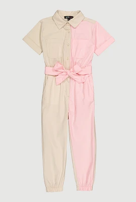 Little Girls Tie Waist Belted Jumpsuit,