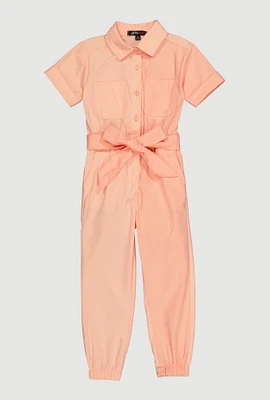 Little Girls Tie Waist Belted Jumpsuit, Orange,