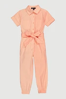 Little Girls Tie Waist Belted Jumpsuit, Orange,