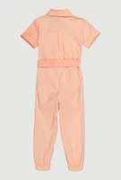 Little Girls Tie Waist Belted Jumpsuit, Orange,