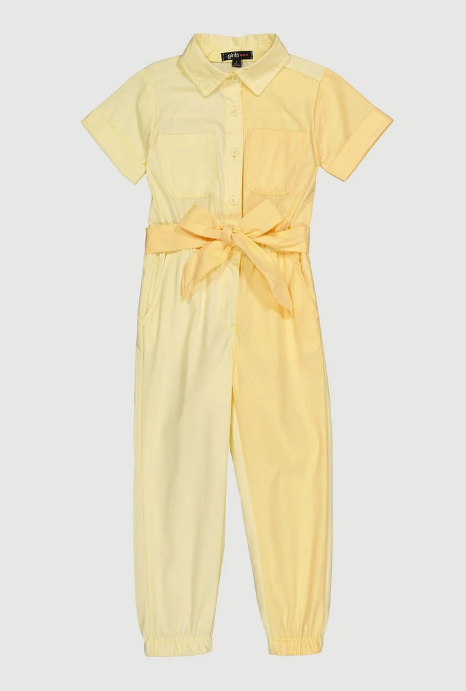 Little Girls Tie Waist Belted Jumpsuit, Yellow, Size 5-6
